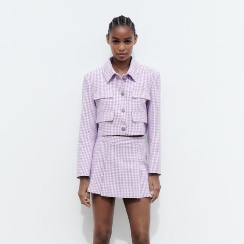 NWT Zara purple and white gingham cropped jacket